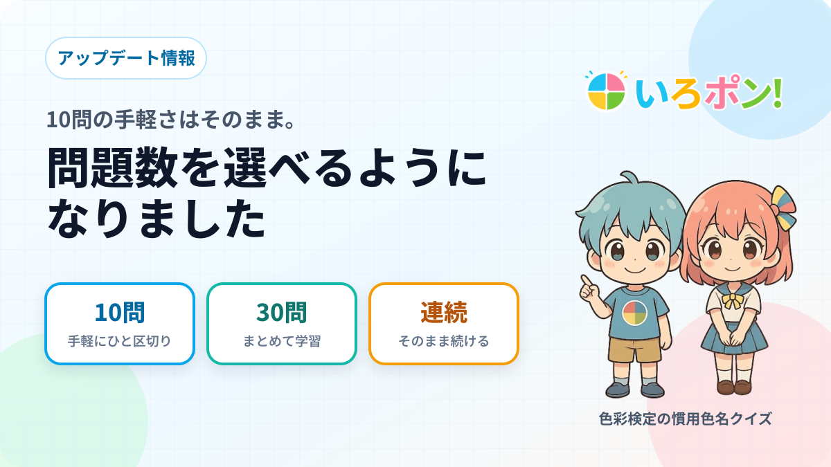 10問の手軽さはそのまま。30問・連続でクイズを解けるようになりました